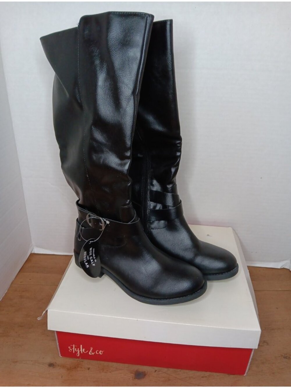 Style & Co Madixe Boots Women 5.5 Black Riding Round Toe Mid Calf Side Zip New